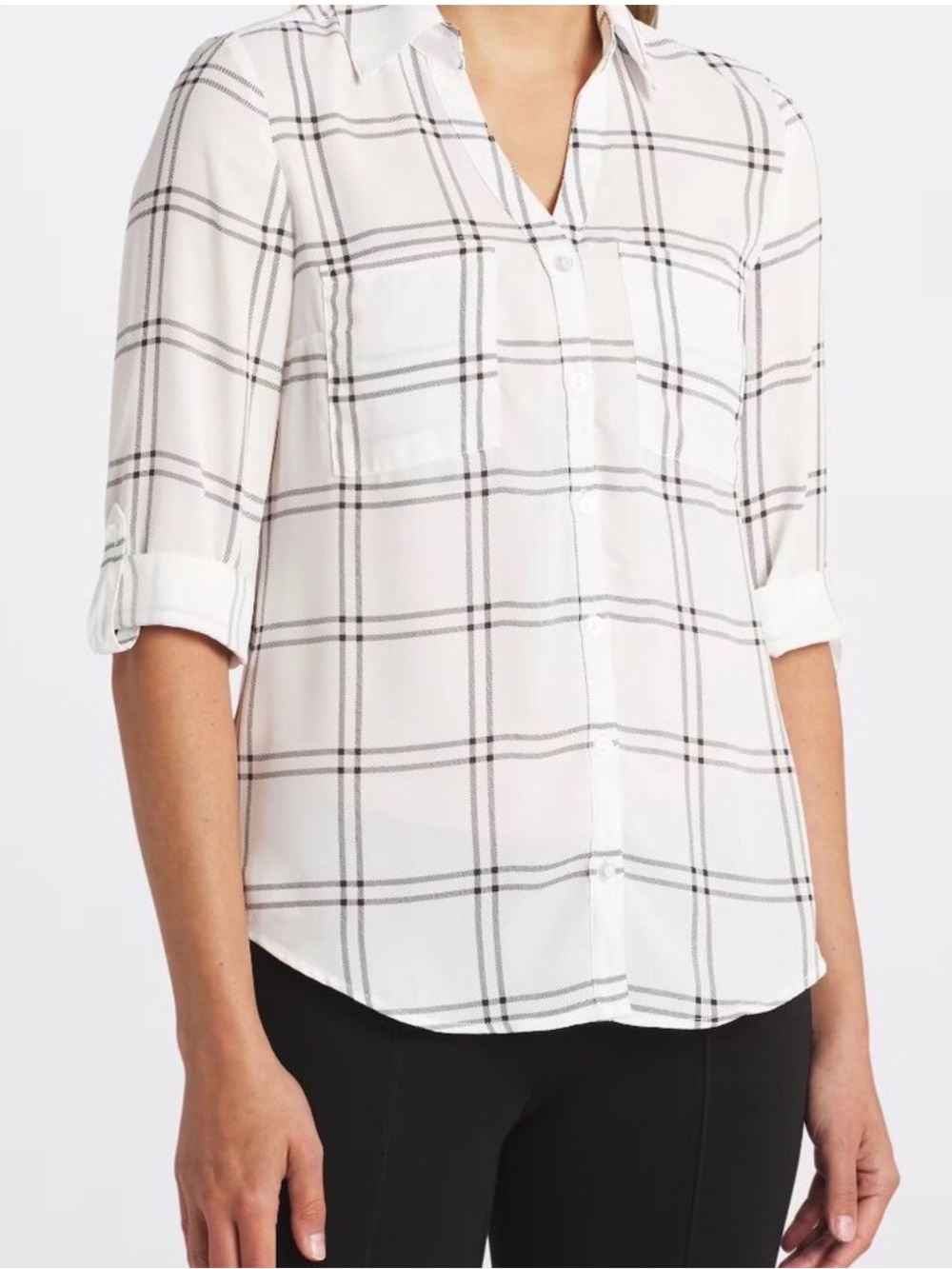 Women's White Plaid Button-Front Roll-Sleeve Shirt